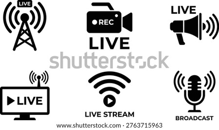 Collection of live broadcasting icons showing a broadcast tower, camera, megaphone, television, Wi-Fi signal, and microphone