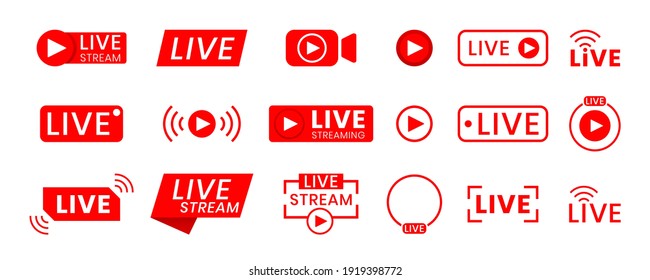 Collection of live streaming icons. Buttons for broadcasting, livestream or online stream. Template for tv, online channel, live breaking news, social media