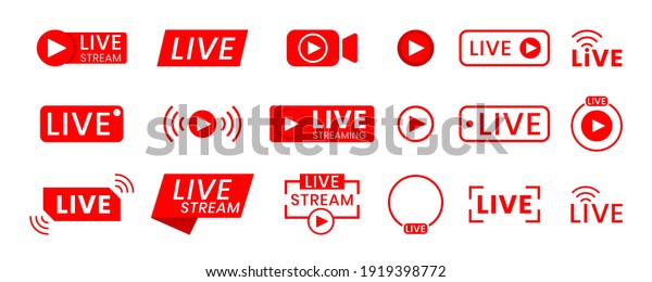 Collection of live streaming icons. Buttons\
for broadcasting, livestream or online stream. Template for tv,\
online channel, live breaking news, social\
media