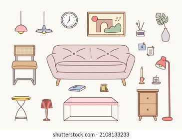 Collection of living room interior furniture. flat design style vector illustration.