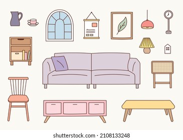 Collection of living room interior furniture. flat design style vector illustration.