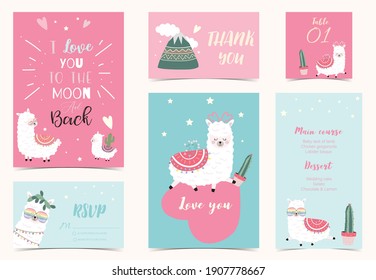 Collection of llama with cactus.Editable vector illustration for website, invitation,postcard and banner