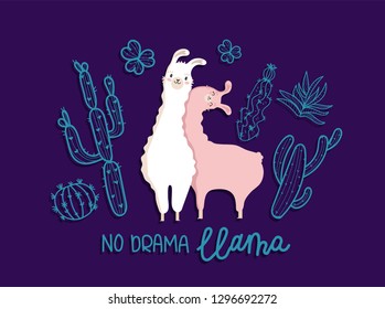 Collection llama in love with cactus and heart and many details.Typography poster,card,label,banner design set with background.Vector illustration. Text: No Drama Llama.
