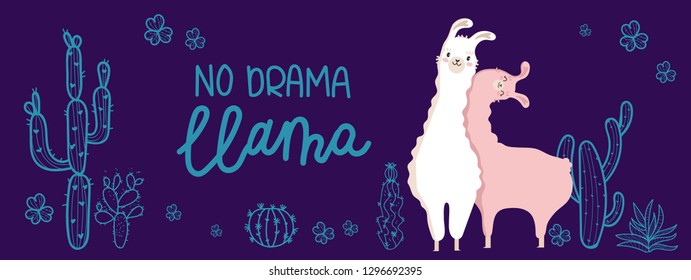 Collection llama in love with cactus and heart and many details.Typography poster,card,label,banner design set with background.Vector illustration. Text: No Drama Llama.