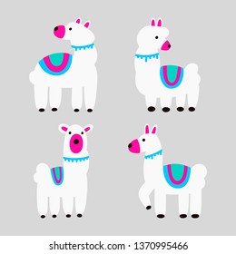 A collection of llamas isolated on a background. Colorful flat vector illustration.