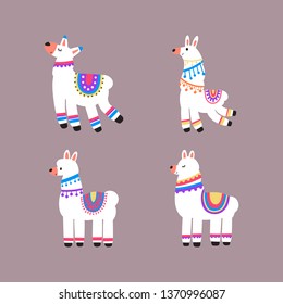 A collection of llamas isolated on a background. Colorful flat vector illustration.