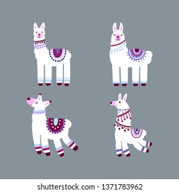 A collection of llamas isolated on a background. Colorful flat vector illustration.