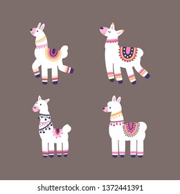 A collection of llamas isolated on a background. Colorful flat vector illustration.