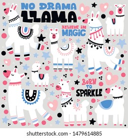 A collection of llamas isolated on a background. Colorful flat vector illustration.