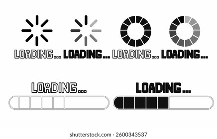 Collection of loading bar and spinner icons in black and white. Ideal for UI design, website development, apps, buffering animations, and digital interfaces.