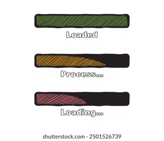 Collection Loading bar status icon. Vector illustration. Set of vector loaded icons. Download progress. Donload or Upload. Hand-drawn sketch-scribble.