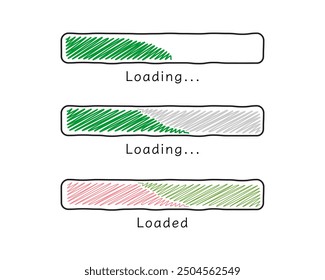 Collection Loading bar status icon. Vector illustration. Set of vector loaded icons. Download progress. Donload or Upload. Hand-drawn sketch-scribble.