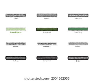 Collection Loading bar status icon. Vector illustration. Set of vector loaded icons. Download progress. Donload or Upload. Hand-drawn sketch-scribble.