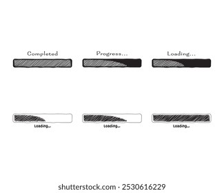 Collection Loading bar status icon. Vector illustration. Set of vector loaded icons. Download progress. Donload or Upload. Hand-drawn sketch-scribble.