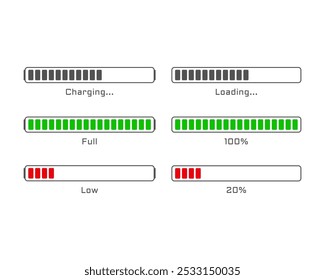 Collection Loading bar status icon. Vector illustration. Set of vector loaded icons. Download progress. Donload or Upload.