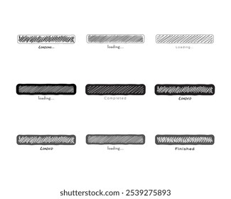 Collection Loading bar status icon. Vector illustration. Set of vector loaded icons. Download progress. Donload or Upload. Hand-drawn sketch-scribble.