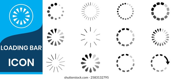 collection of loading and buffering symbols for websites. Set loading bar icons. Progress bar loading signs.  loading status bar in different design.