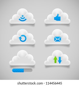 Collection of loading, reload, radio, email, like and progress bar cloud buttons. Image contains transparency - you can put them on every surface. 10 EPS
