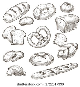 Collection of loaf of bread and baked products, bakery production. Set of isolated homemade buns and pretzels, french baguette with crusty top. Monochrome sketch outline, vector in flat style