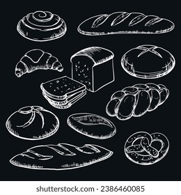 Collection of loaves of bread and bakery products, production of bakery products. Set of vector homemade buns and pretzels, French baguette with crispy top. White linear sketch on a black background.