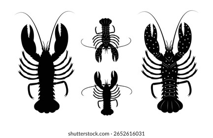 Coleção de silhuetas de vetor de lagosta em diferentes poses. Ilustrações limpas e escaláveis isoladas no fundo branco. Perfeito para logotipos, menus, tatuagens e desenhos náuticos.