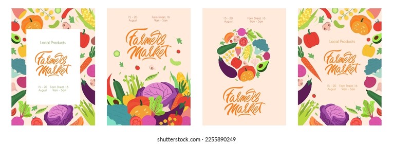 Collection of local produce farmers market and harvest festival posters. hand drawn vector banner templates with lettering for local food agricultural fair.Vegetable harvest flat illustrations