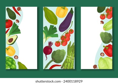 Collection of local produce farmers market and harvest festival posters. Vegetables food hand drawn banner set. Organic food farmers market concept. Composition with the place for your text