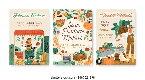 Collection of local products farmer market and harvest festival posters vector flat illustration. Set of announcement for seasonal agricultural fair isolated. Promo template with place for text