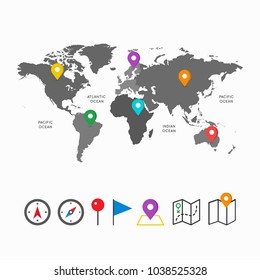 Collection of location equipment premium design on world map, map placeholder, location tag, pointer sign icons for website, application interface, or markers on maps. Vector illustration.