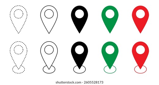 A collection of location pin icons in different styles and colors, commonly used for maps, navigation, and GPS applications. Vector illustration