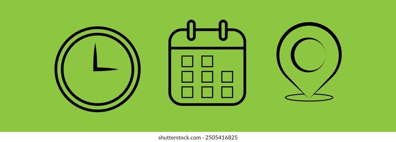 collection of Location, time and address icons. Time, date and address concept editable stroke outline icons set eps 10.