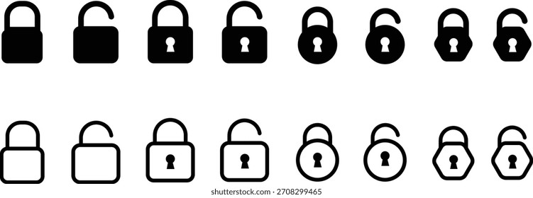 Collection of lock icons in open and closed positions representing security and access concepts