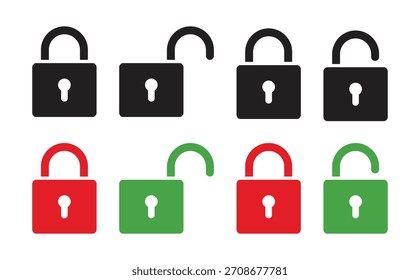 Colección de bloqueo y desbloqueo de iconos vectoriales. Símbolos de seguridad y protección en estilo silueta en negro, rojo y verde para App, móviles y Sitios web. Ilustración vectorial