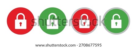 Collection of lock and unlock vector icons. Cyber ​​or digital security and protection symbols in red and green colours for apps, mobile and websites. Vector illustration