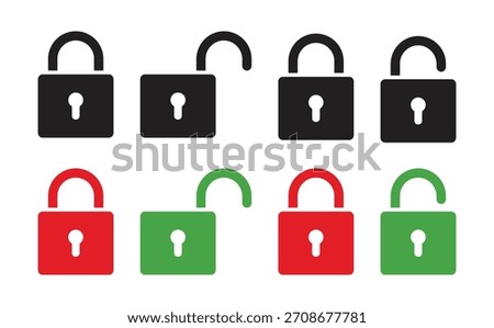 Collection of lock and unlock vector icons. Security and protection symbols in silhouette style in black, red and green for apps, mobile and websites. Vector illustration