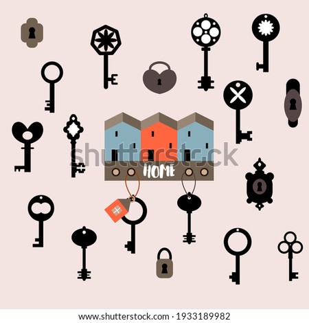 Collection of locks, keys and key rack with houses. Flat style illustration. Vector isolated image on light violet background.