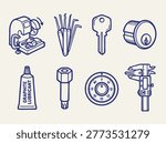 Collection of locksmith tools including a key cutting machine, lock picks, a key, cylinder lock, graphite lubricant, bolt, combination dial, and caliper. Vector illustration.