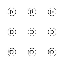 Collection of logic gate icons in black outline style, featuring AND, OR, NOT, NAND, and other gate types. Perfect for digital circuit diagrams, electronics manuals, and engineering illustrations.