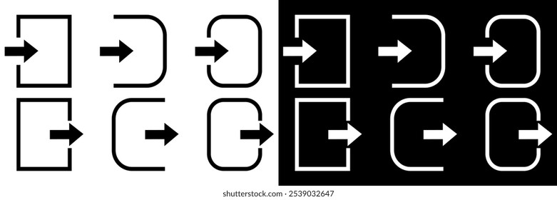 Coleção de Ícones de Logon e Logout no estilo plano na moda. Saia e insira o símbolo com setas. Conjunto de ícones Sair e Entrar. Design isolado de ilustração vetorial.