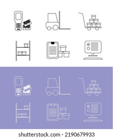 collection of logistics, delivery, warehouse icons, simple set of stock vector line icons, incons
cargo,  workers in production, symbol Distribution, inventory control, data collection terminal