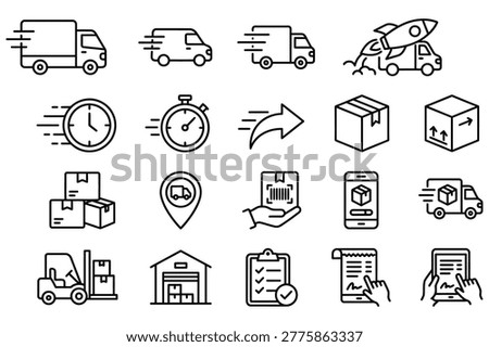 Collection of logistics supply chain icons showing trucks cardboard boxes warehouse management documents and delivery tracking.