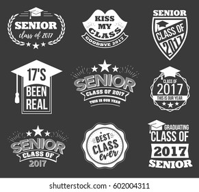 Collection of logo badges and cute funny labels for graduating senior class 2017, in white isolated against black background, design for the graduation party for university or college students