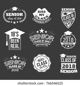 Collection of logo badges and cute funny labels for graduating senior class 2018, in white isolated against black background, design for the graduation party for university or college students