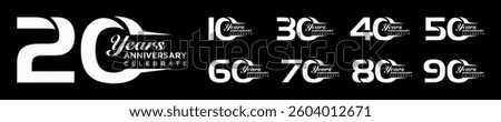 collection of logo designs for 10th to 90th anniversary celebrations with white numbers on black background