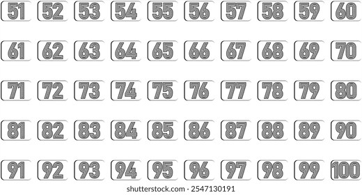 colección de diseños de logotipos para números 51 a 100, diseños de números abstractos, cuadrados y piezas numéricas