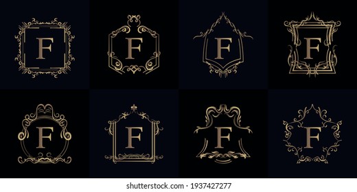 Colección del logotipo F inicial con adorno de lujo o marco floral