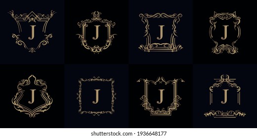 Colección del logotipo J inicial con adorno de lujo o marco floral