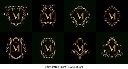 Colección del logotipo M inicial con adorno de lujo o marco floral