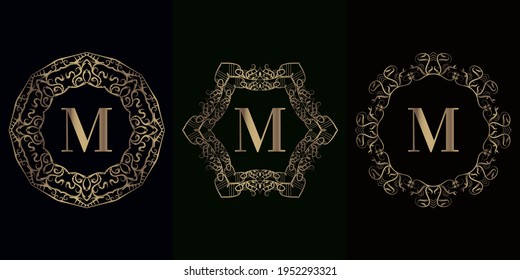 Colección del logotipo inicial M con marco adorno de Mandala de lujo