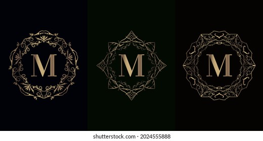 Colección del logotipo inicial M con marco adorno de Mandala de lujo